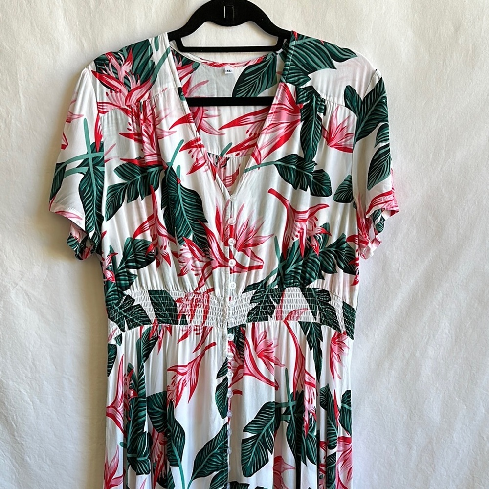 Tropical print short sleeve maxi dress, size XL